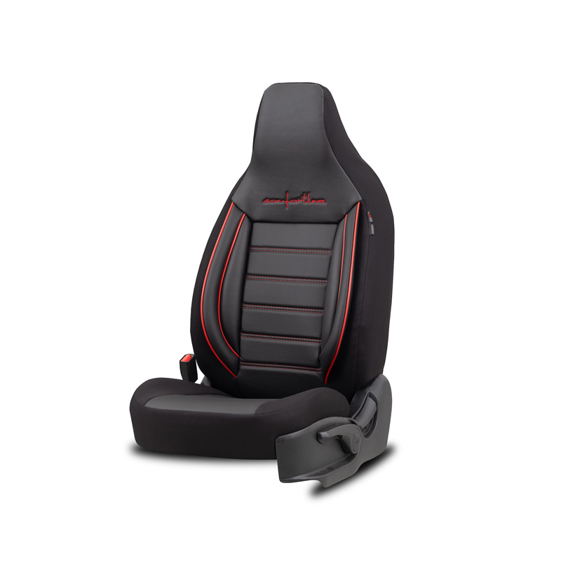 Universal Leather/Fabric 'CityBug' Seat cover set 'Comfortline' Black/Red - 9-pieces -  Side-Airbags