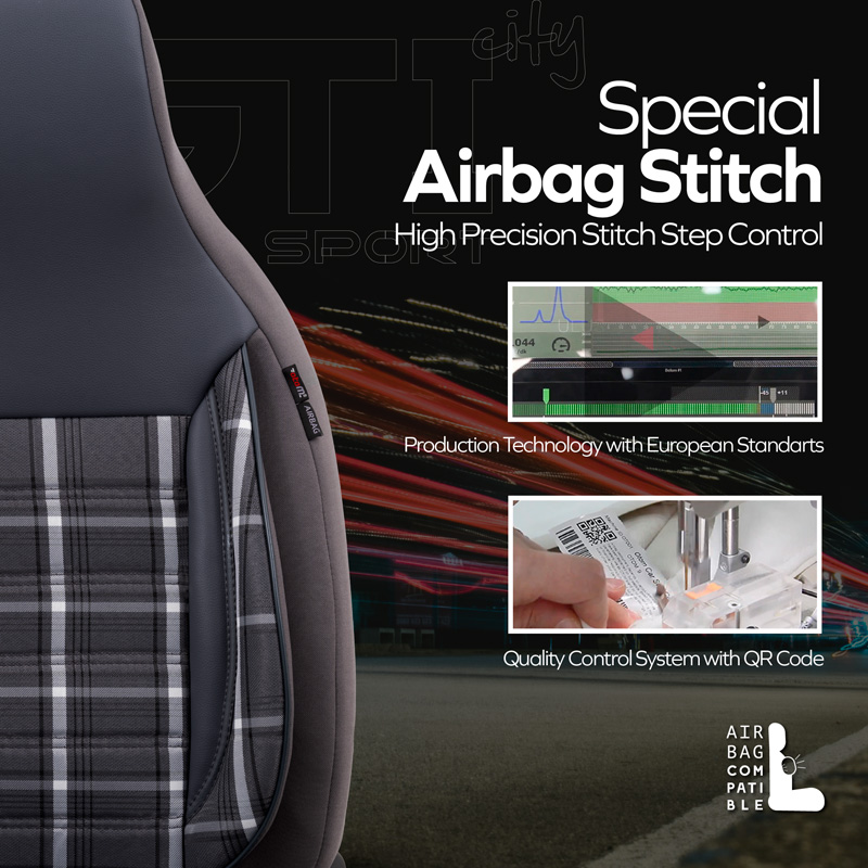 Universal Fabric 'CityBug' Seat cover set 'Sports' Black/Grey/White - 9-pieces -  Side-Airbags