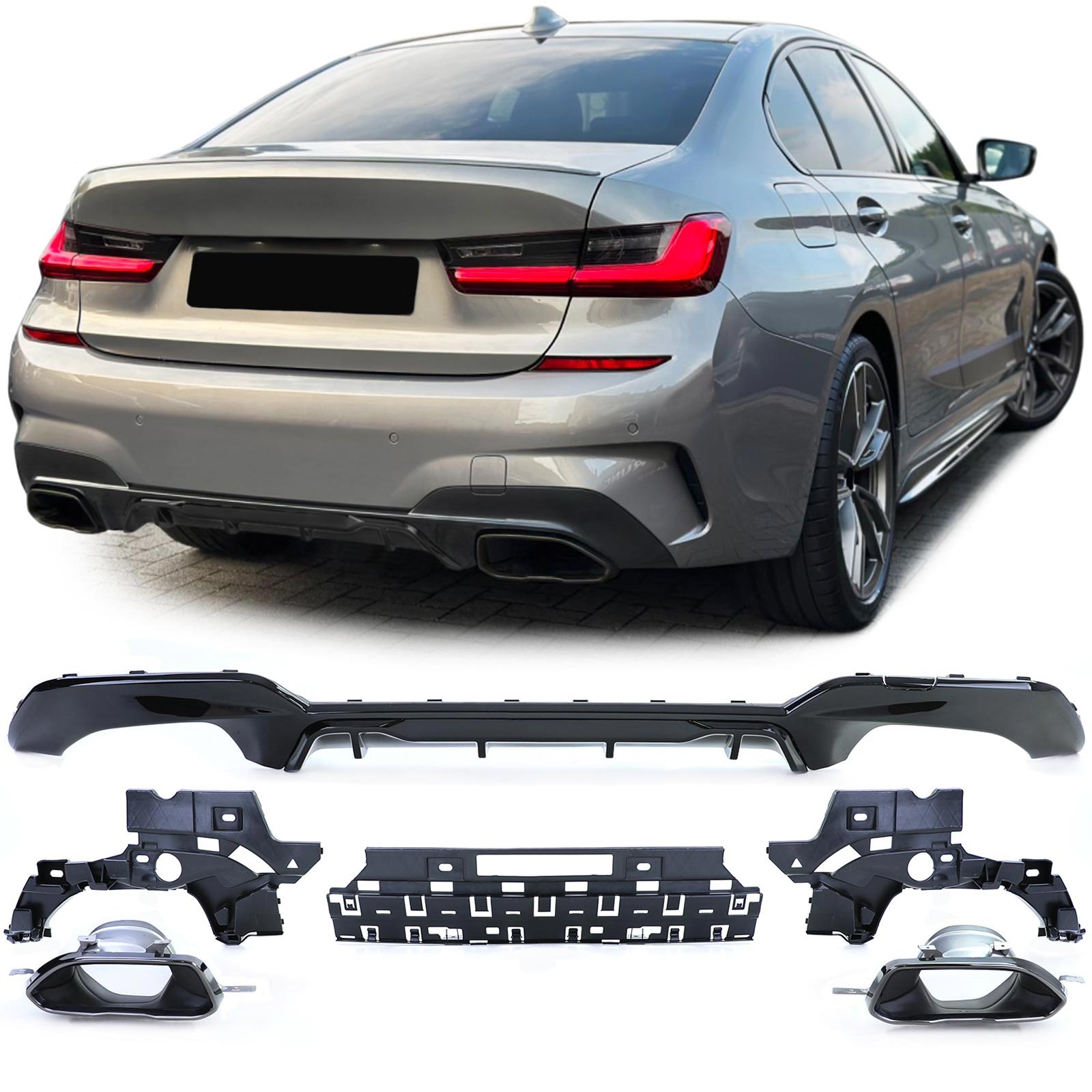 Diffuser passend voor BMW 3 Serie M Pakket G20 G21 M340i Look Glans Zwart
