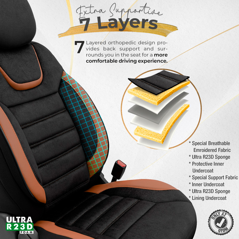 Universal Suede/Leather/Fabric Seat cover set 'Iconic' Black/Terracotta - 11-pieces -  Side-Airbags