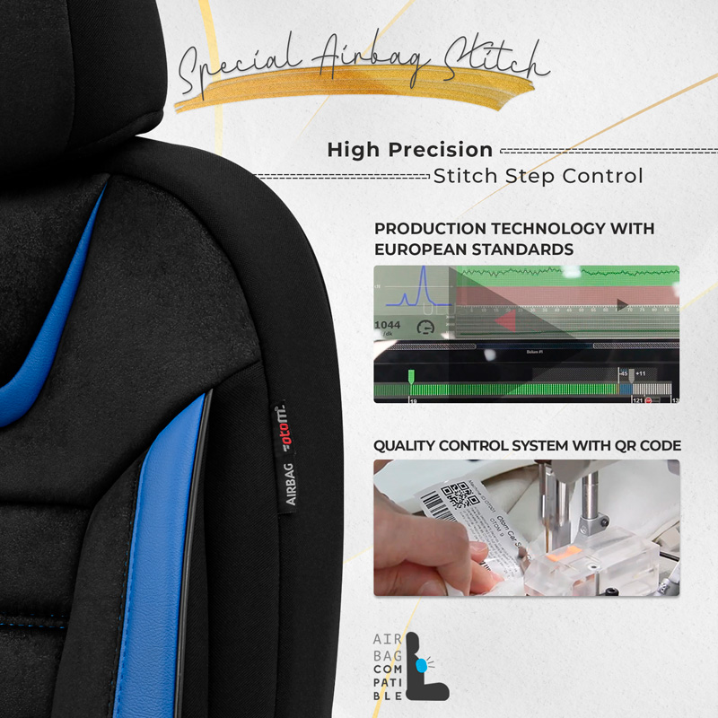 Universal Suede/Leather/Fabric Seat cover set 'Iconic' Black/Blue - 11-pieces -  Side-Airbags