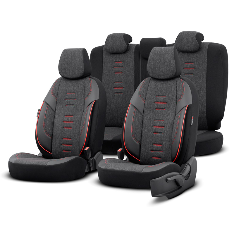 Universal Linen/Leather/Fabric Seat cover set 'Throne' Black/Grey/Red - 11-pieces -  Side-Airbags
