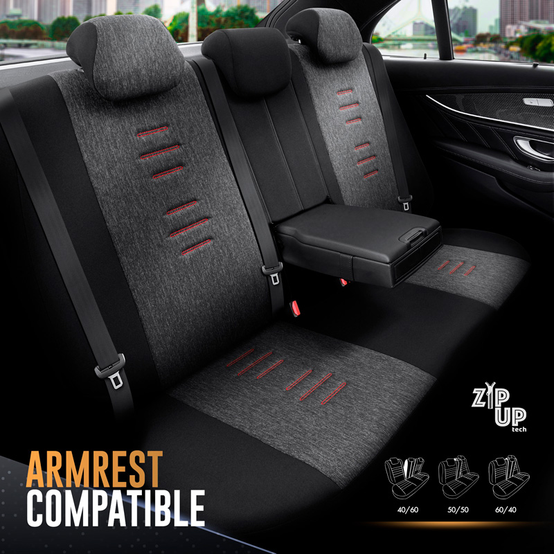Universal Linen/Leather/Fabric Seat cover set 'Throne' Black/Grey/Red - 11-pieces -  Side-Airbags