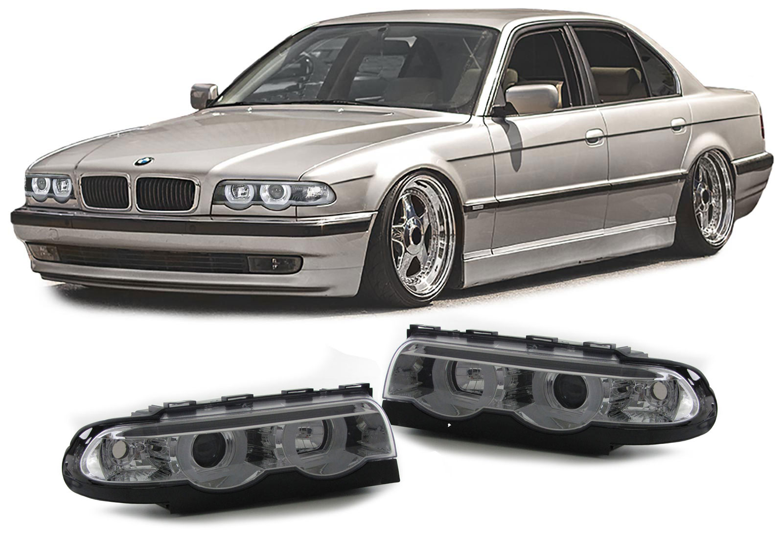 Headlights BMW E38 94-01 3D LED Halo Rims Black