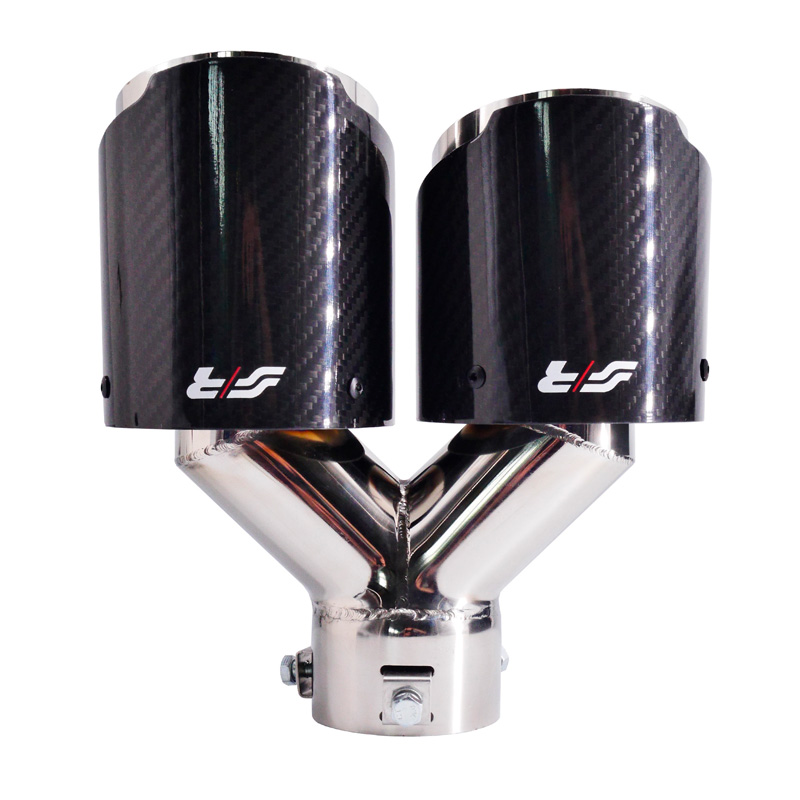 Simoni Racing Exhaust Tip Double Left Round/Slanting Inox & Carbon - Ø102xL215-230mm - Installation ->40-63mm
