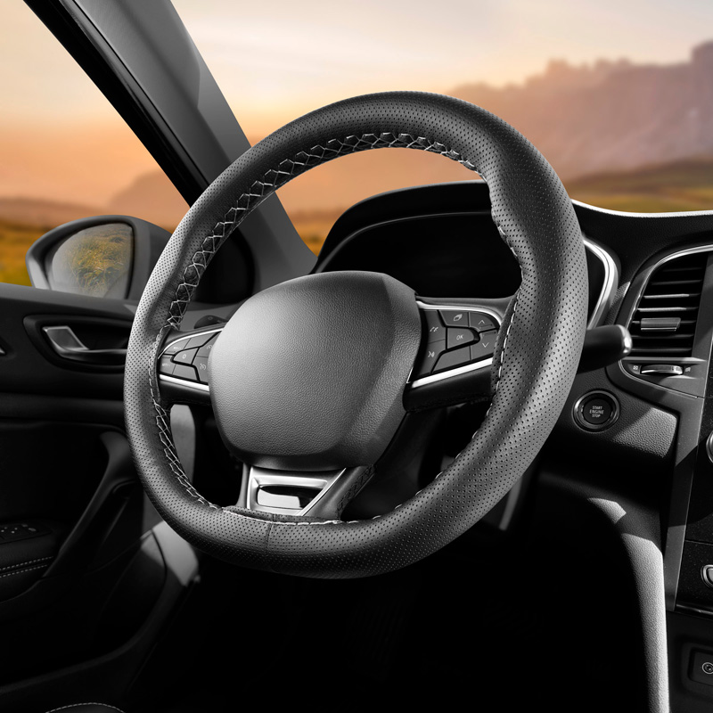 Universal steering wheel cover Classic - Black punched PVC leather + Grey stitch (lace)