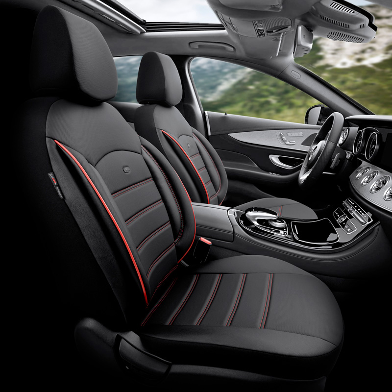 Universal Full-Leather Seat cover set 'Inspire' Black + Red trim - 11-pieces -  Side-Airbags