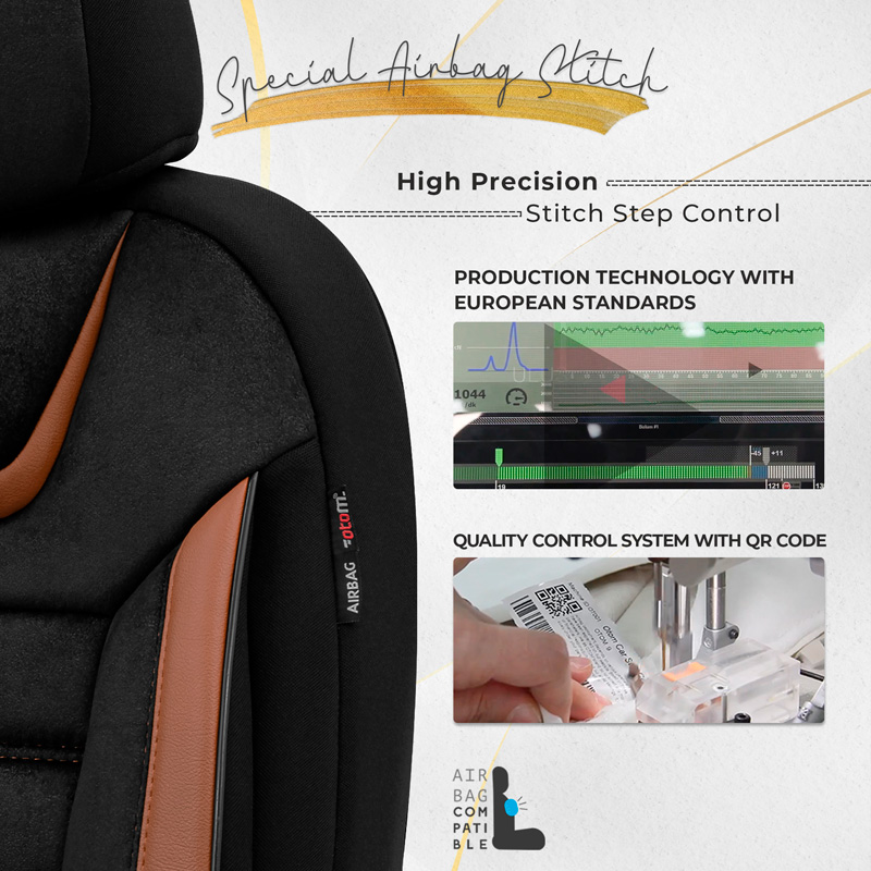 Universal Suede/Leather/Fabric Seat cover set 'Iconic' Black/Terracotta - 11-pieces -  Side-Airbags