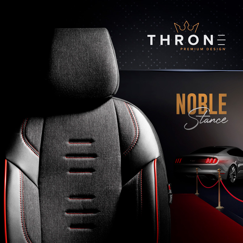 Universal Linen/Leather/Fabric Seat cover set 'Throne' Black/Grey/Red - 11-pieces -  Side-Airbags