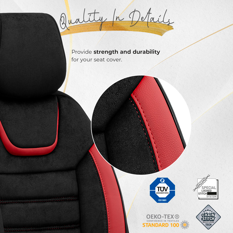 Universal Suede/Leather/Fabric Seat cover set 'Iconic' Black/Red - 11-pieces -  Side-Airbags