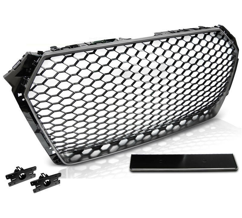 Grill passend voor Audi A4 B9 2015-2019 RS4 Look Glans Zwart/Mat Zilver
