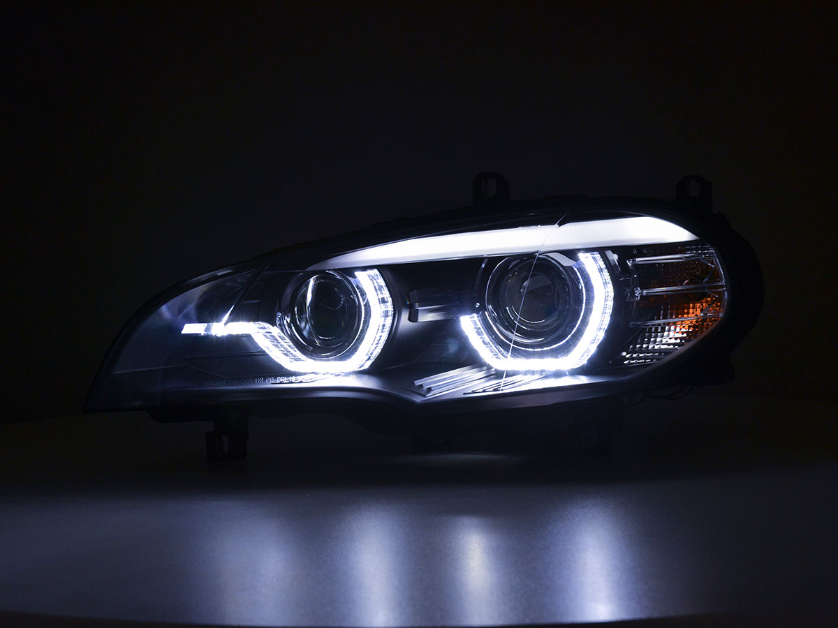 Headlights BMW X5 E70 08-10 Angel Eyes 3D black AFS