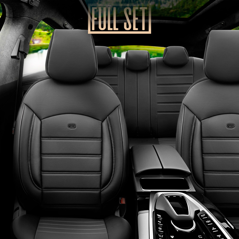 Universal Full-Leather Seat cover set 'Inspire' Black - 11-pieces -  Side-Airbags