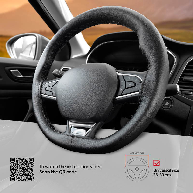 Universal steering wheel cover Classic - Black PVC leather + Black stitch (lace)