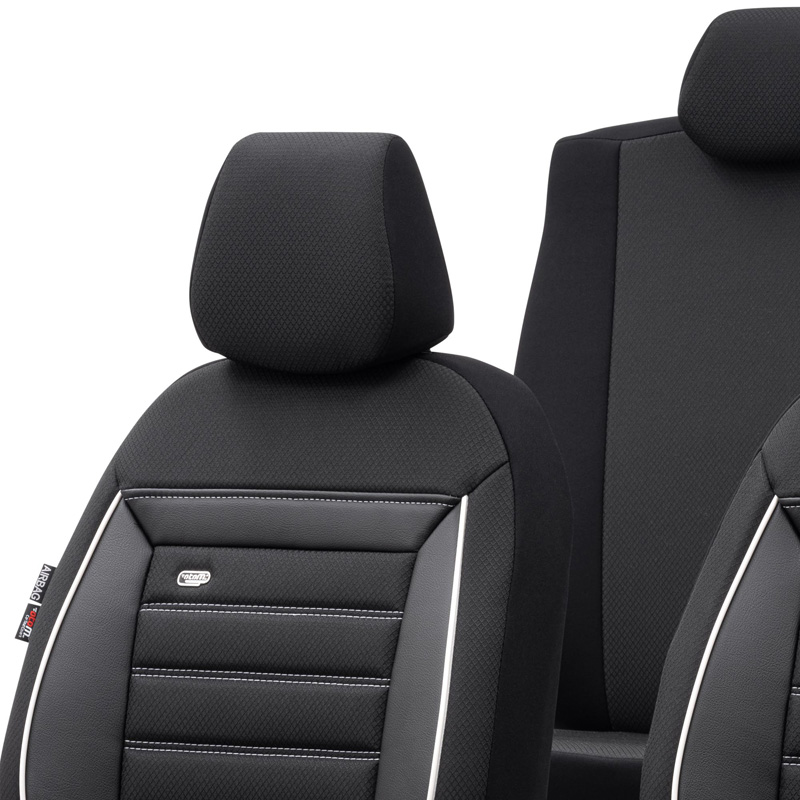 Universal Fabric Seat cover set 'Prestige' Black/Charcoal + White trim - 11-pieces -  Side-Airbags