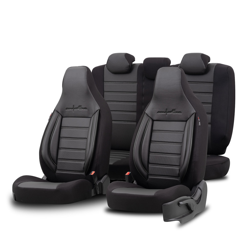 Universal Leather/Fabric 'CityBug' Seat cover set 'Comfortline' Black/Grey - 9-pieces -  Side-Airbags