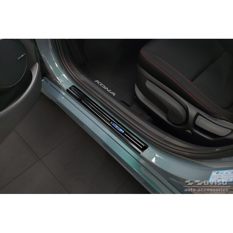 Black Inox door sill protectors  Hyundai Kona 2017-2020 & FL 2020-2023  'Hybrid' - 4-pieces