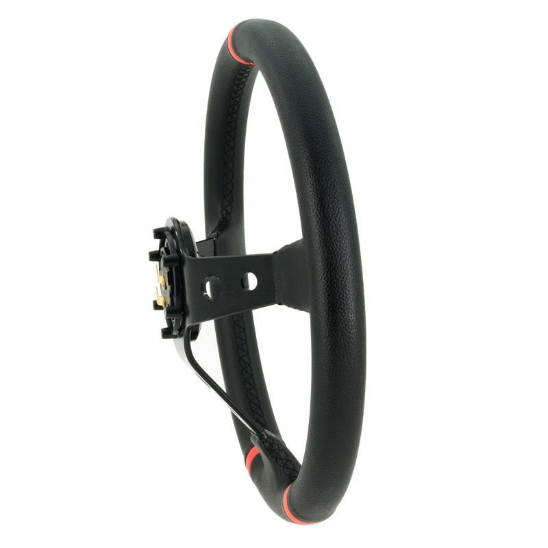 Universal steering wheel 'Deep-Dish' - Ø350mm - Black PVC-leather + Black spokes + Red Stripes
