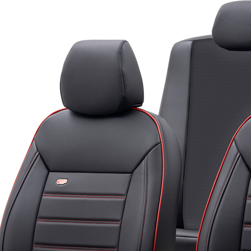 Universal Full-Leather Seat cover set 'Premium' Black + Red trim - 11-pieces -  Side-Airbags