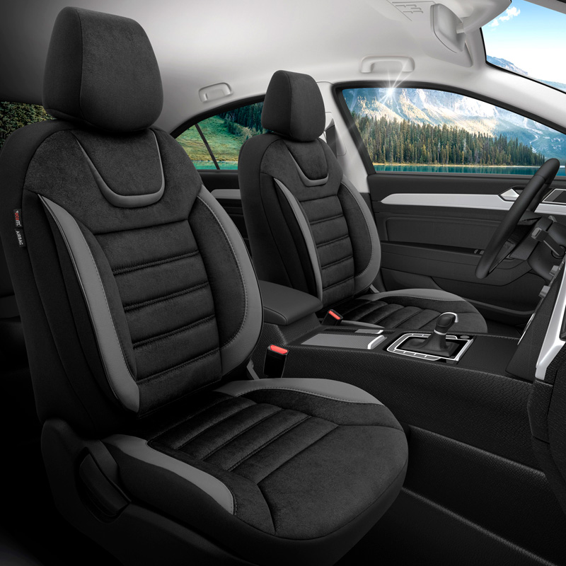 Universal Suede/Leather/Fabric Seat cover set 'Iconic' Black/Grey - 11-pieces -  Side-Airbags