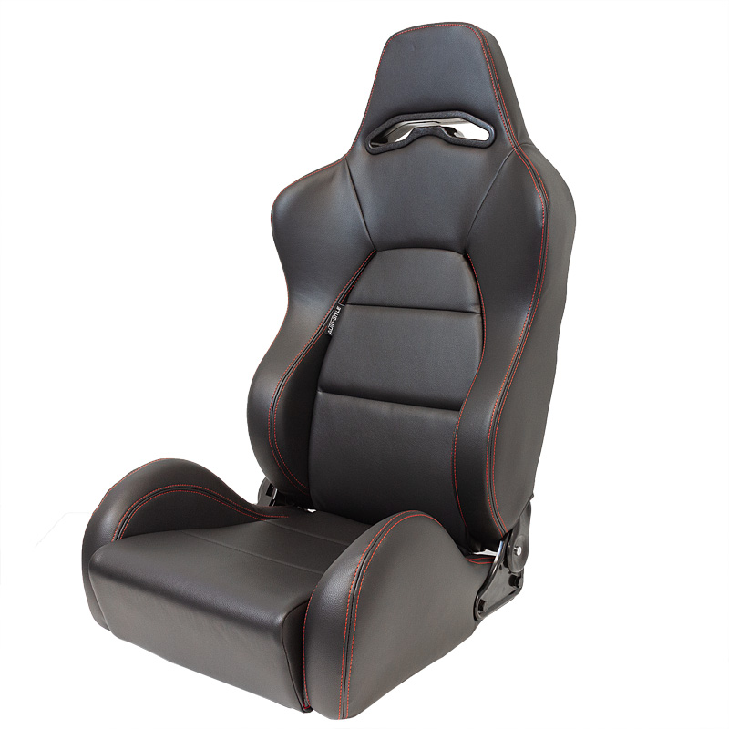 Sport seat 'Eco' - Black Synthetic leather + Red stitching - Right-side reclinable back-rest - incl. slides