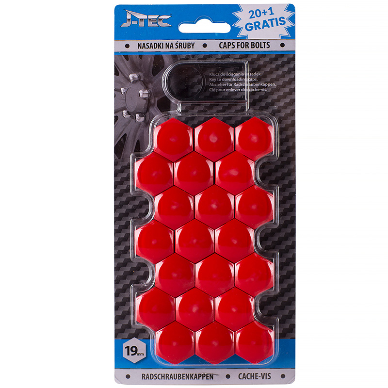 Set universal wheel nut/bolt covers - Red Synthetic Material - 19mm - set of 20+1 pieces