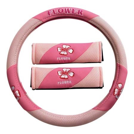 STEERING WHEEL COVER WITH SAFETY BELT PADS 'PINK FLOWER'