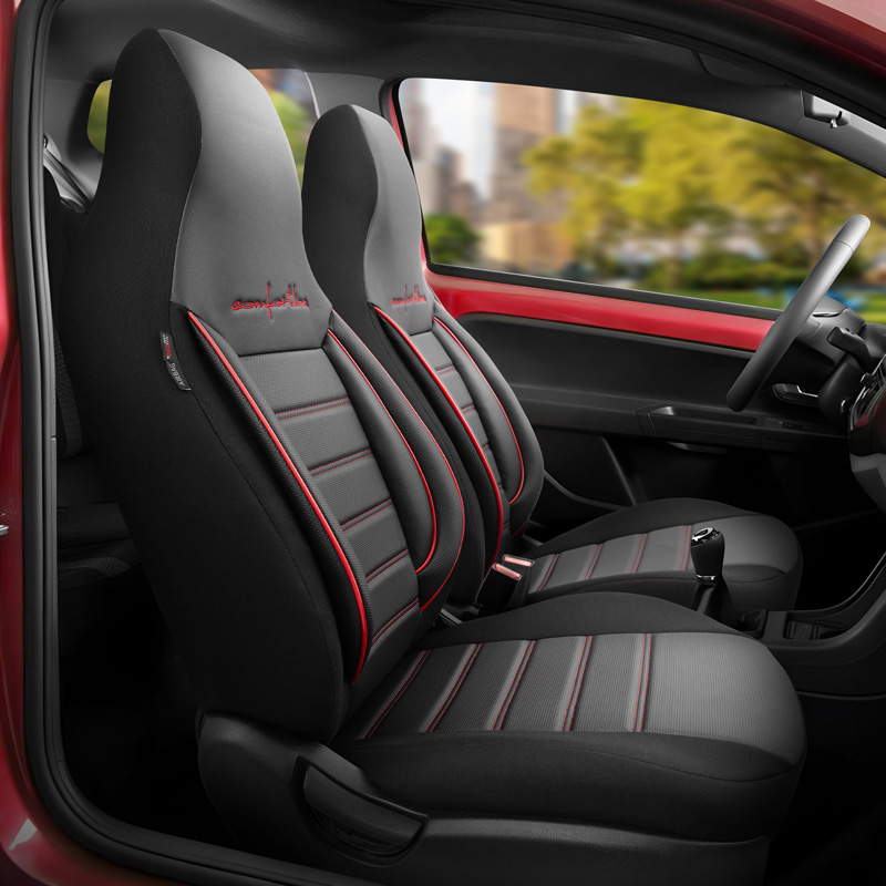 Universal Leather/Fabric 'CityBug' Seat cover set 'Comfortline' Black/Red - 9-pieces -  Side-Airbags