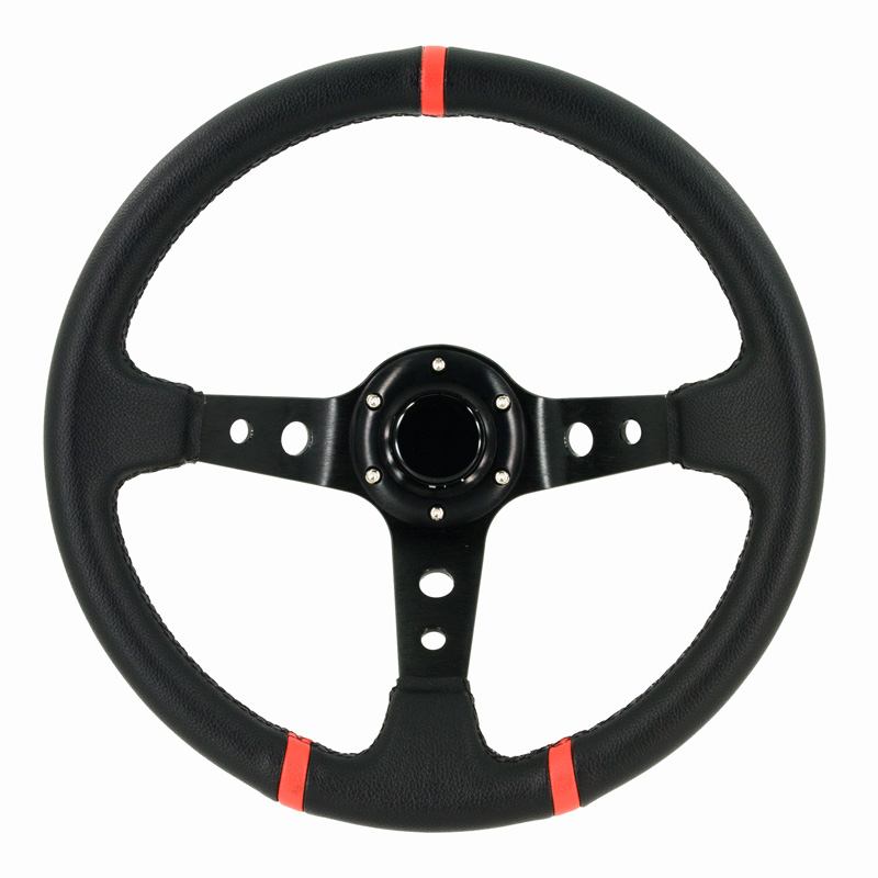 Universal steering wheel 'Deep-Dish' - Ø350mm - Black PVC-leather + Black spokes + Red Stripes