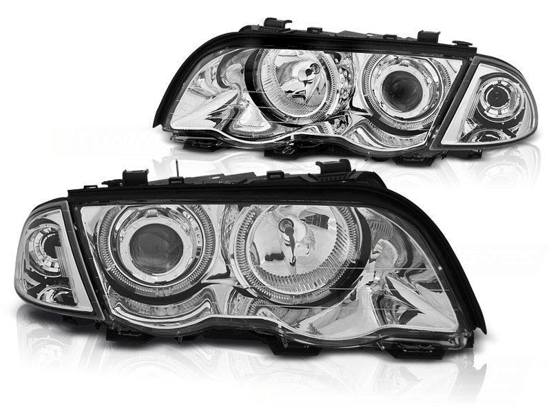 Headlights for BMW E46 4 door 98-01. Angel Eyes Chrome