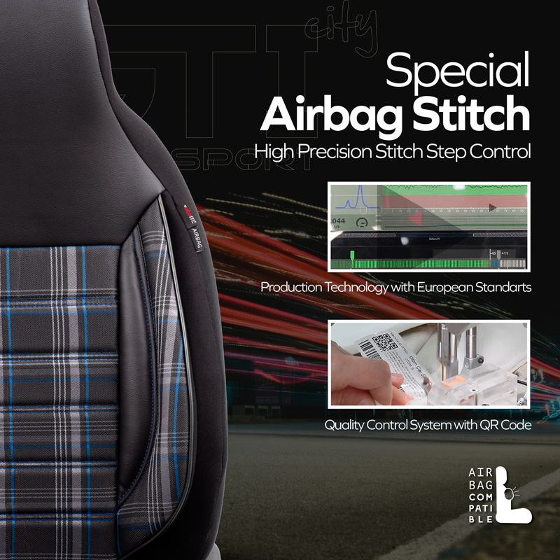 Universal Fabric 'CityBug' Seat cover set 'Sports' Black/Grey/Blue - 9-pieces -  Side-Airbags