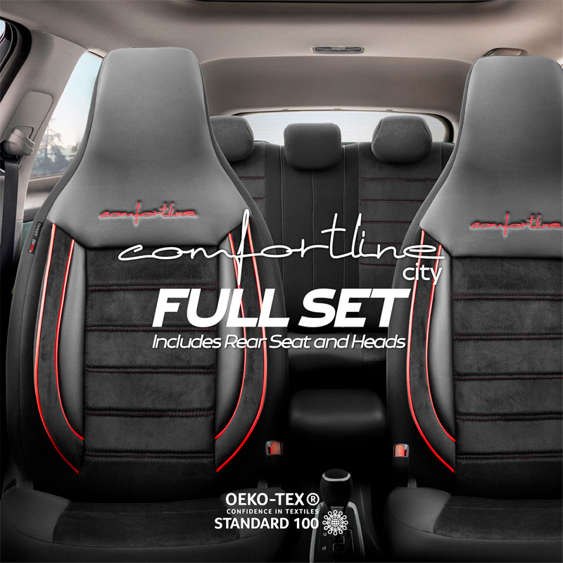 Universal Velours/Fabric 'CityBug' Seat cover set 'Comfortline' Black/Red - 9-pieces -  Side-Airbags