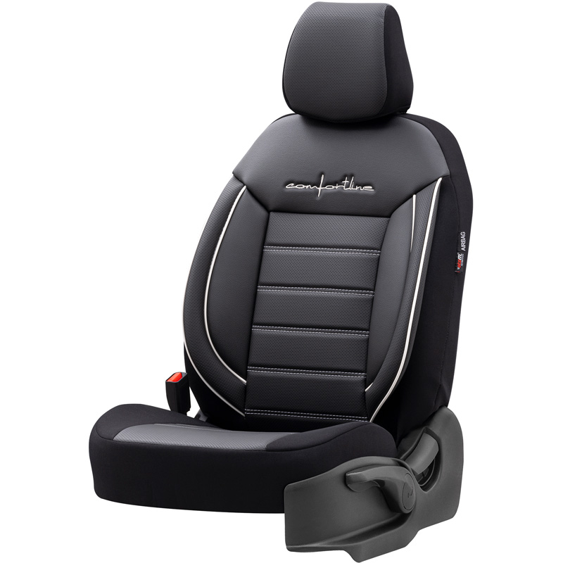 Universal Leather/Fabric Seat cover set 'Comfortline' Black/Grey + White trim - 11-pieces -  Side-Airbags