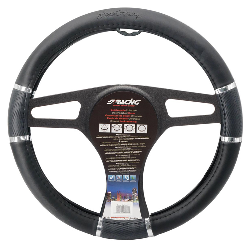 Simoni Racing Steering Wheel Cover Chrome&Black - Black Ecoleather/Chrome - 37-39cm