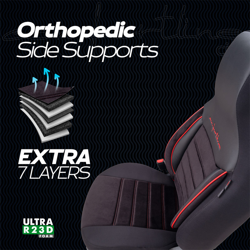 Universal Velours/Fabric 'CityBug' Seat cover set 'Comfortline' Black/Red - 9-pieces -  Side-Airbags