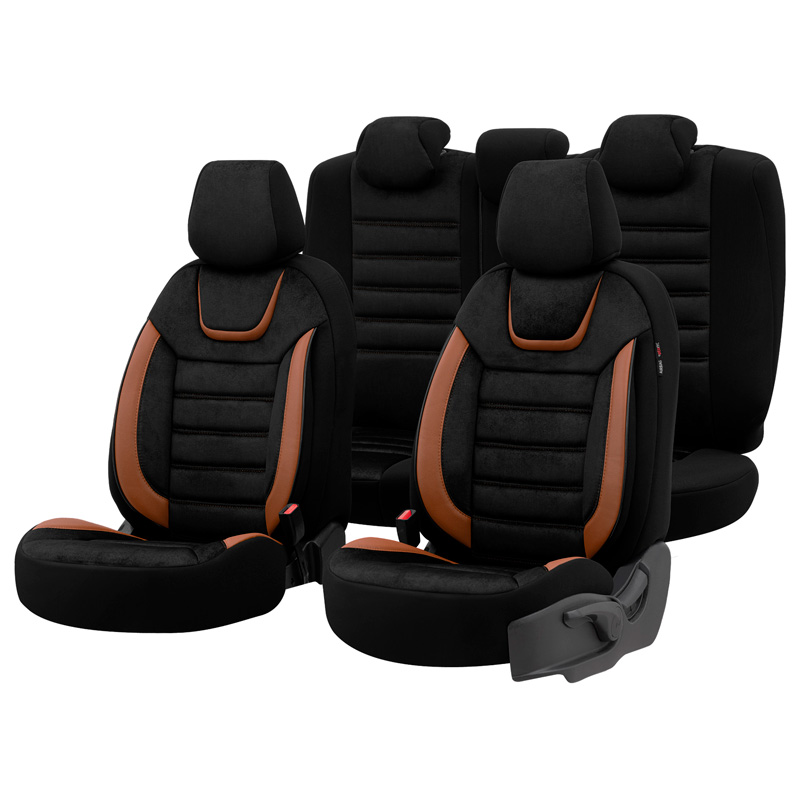 Universal Suede/Leather/Fabric Seat cover set 'Iconic' Black/Terracotta - 11-pieces -  Side-Airbags