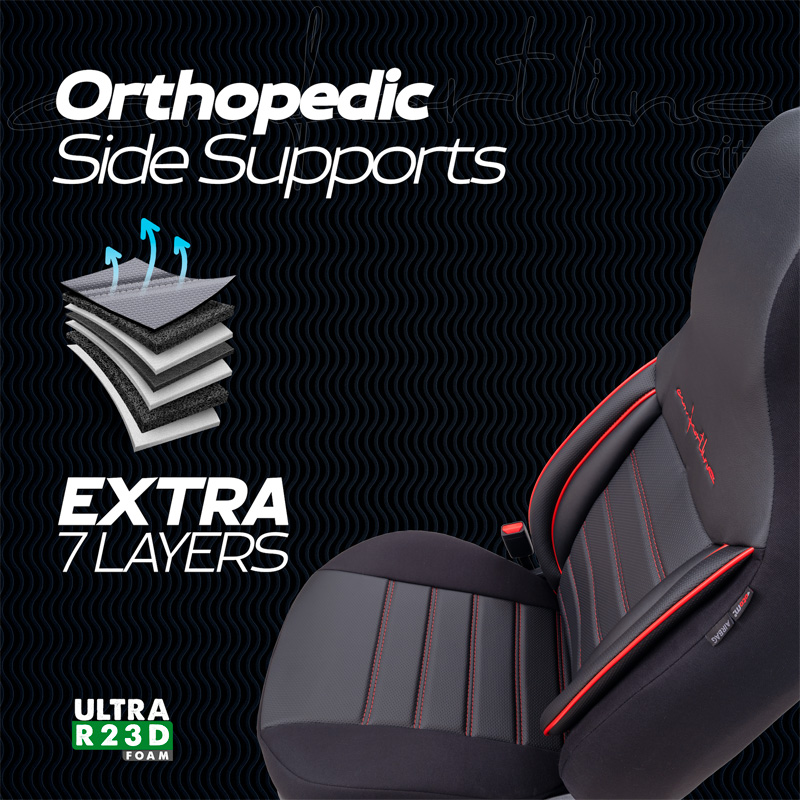 Universal Leather/Fabric 'CityBug' Seat cover set 'Comfortline' Black/Red - 9-pieces -  Side-Airbags