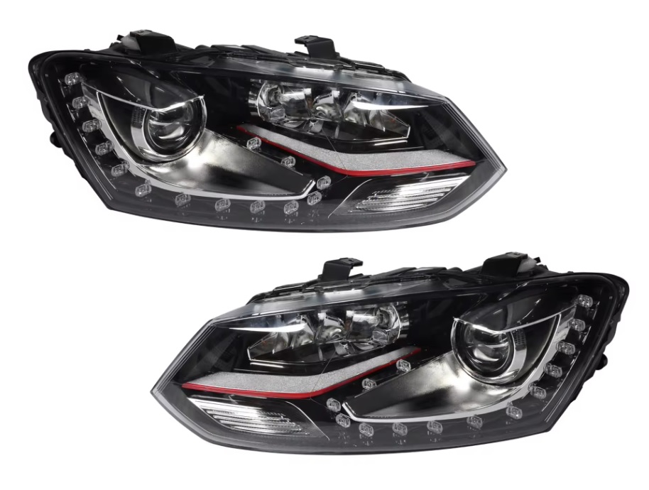 Headlights VW Polo 6R 09- DRL black/red Facelift look H7 to Xenon Conversion