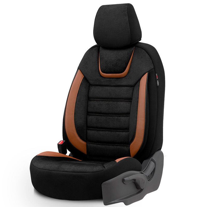 Universal Suede/Leather/Fabric Seat cover set 'Iconic' Black/Terracotta - 11-pieces -  Side-Airbags