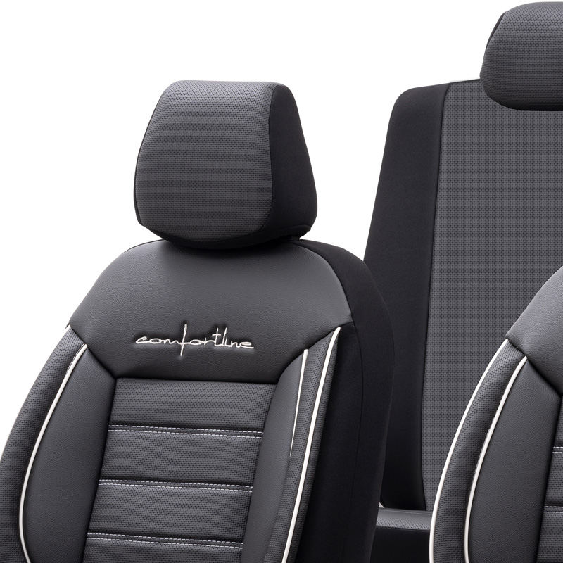 Universal Leather/Fabric Seat cover set 'Comfortline' Black/Grey + White trim - 11-pieces -  Side-Airbags