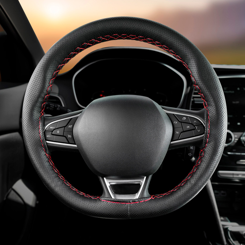 Universal steering wheel cover Classic - Black punched PVC leather + Red stitch (lace)