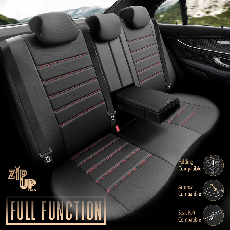 Universal Full-Leather Seat cover set 'Inspire' Black + Red trim - 11-pieces -  Side-Airbags