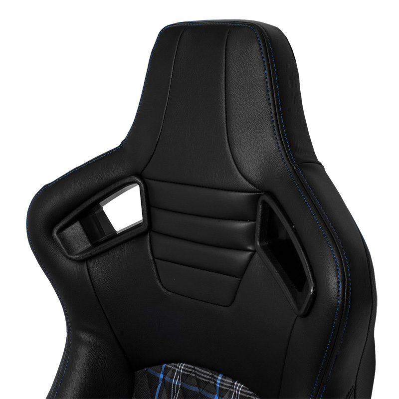Sport seat 'GT' - Black Synthetic leather + Fabric in Blue checkered pattern + Blue stitching - Dual-side reclinable back-rest - incl. slides