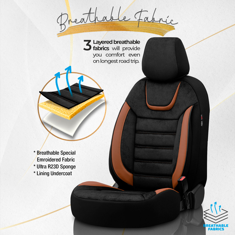 Universal Suede/Leather/Fabric Seat cover set 'Iconic' Black/Terracotta - 11-pieces -  Side-Airbags