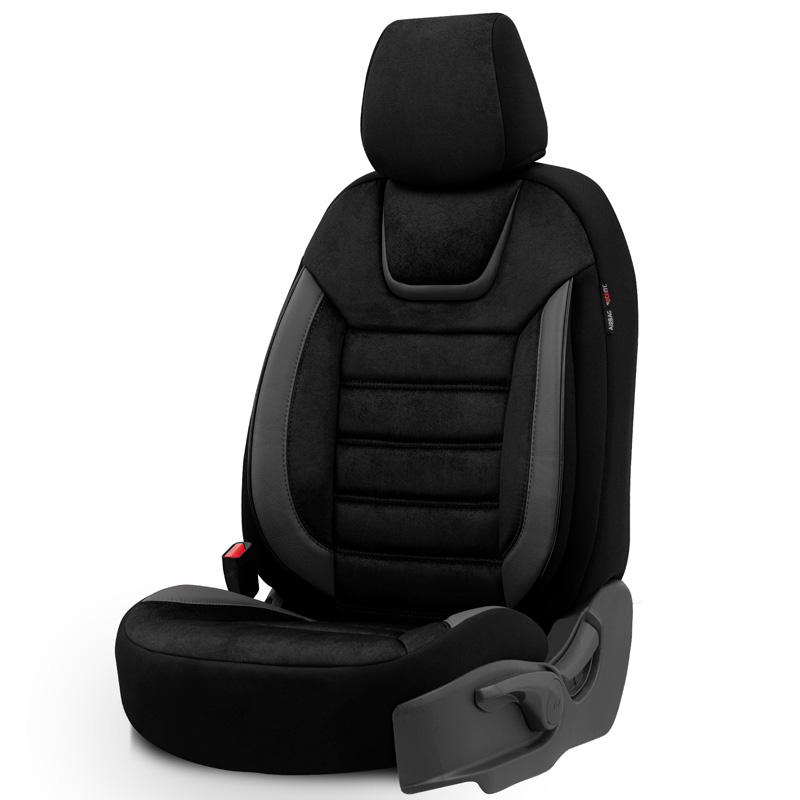 Universal Suede/Leather/Fabric Seat cover set 'Iconic' Black/Grey - 11-pieces -  Side-Airbags
