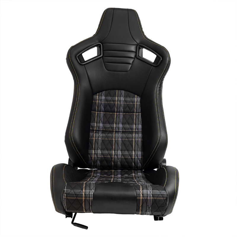 Sport seat 'GT' - Black Synthetic leather + Fabric in Yellow checkered pattern + Yellow stitching - Dual-side reclinable back-rest - incl. slides